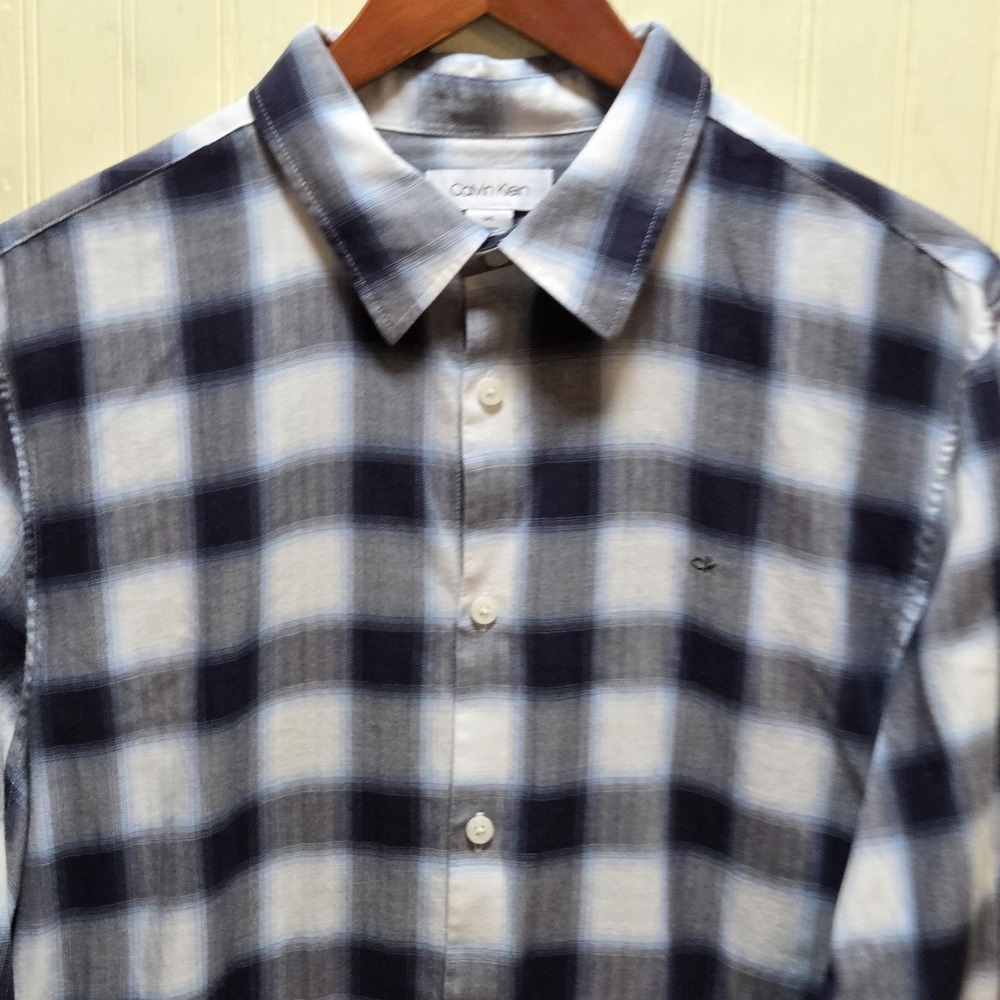 Calvin‎ Klein Shirt Mens Large Blue Plaid Long Sleeve Twill Button-Up Casual